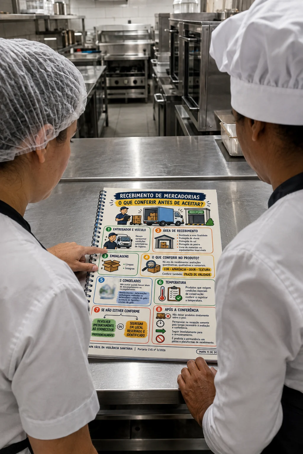 Duas profissionais consultando a apostila sobre recebimento de mercadorias